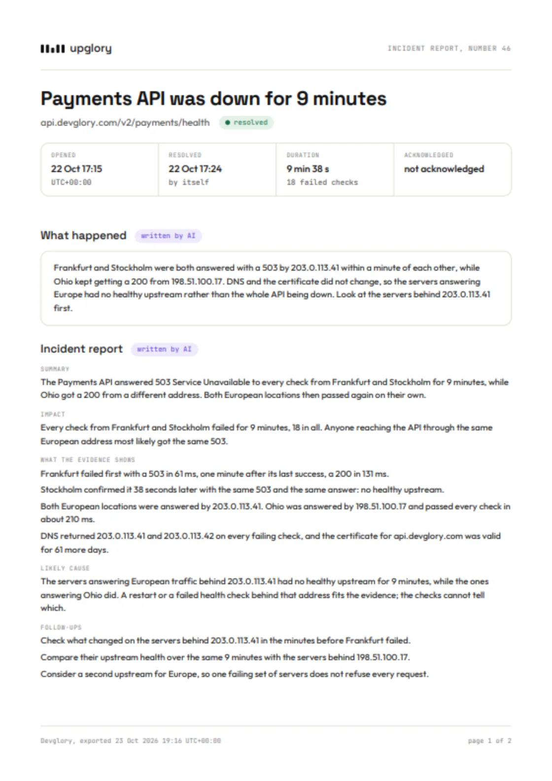 The first page of the incident PDF: Payments API was down for 9 minutes, when it opened and resolved, the explanation and the incident report, each marked as written by AI.
